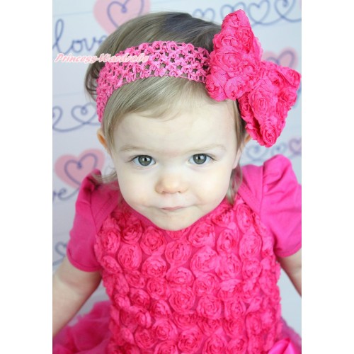 Hot Pink Headband With Hot Pink Romantic Rose Bow Hair Clip H803 